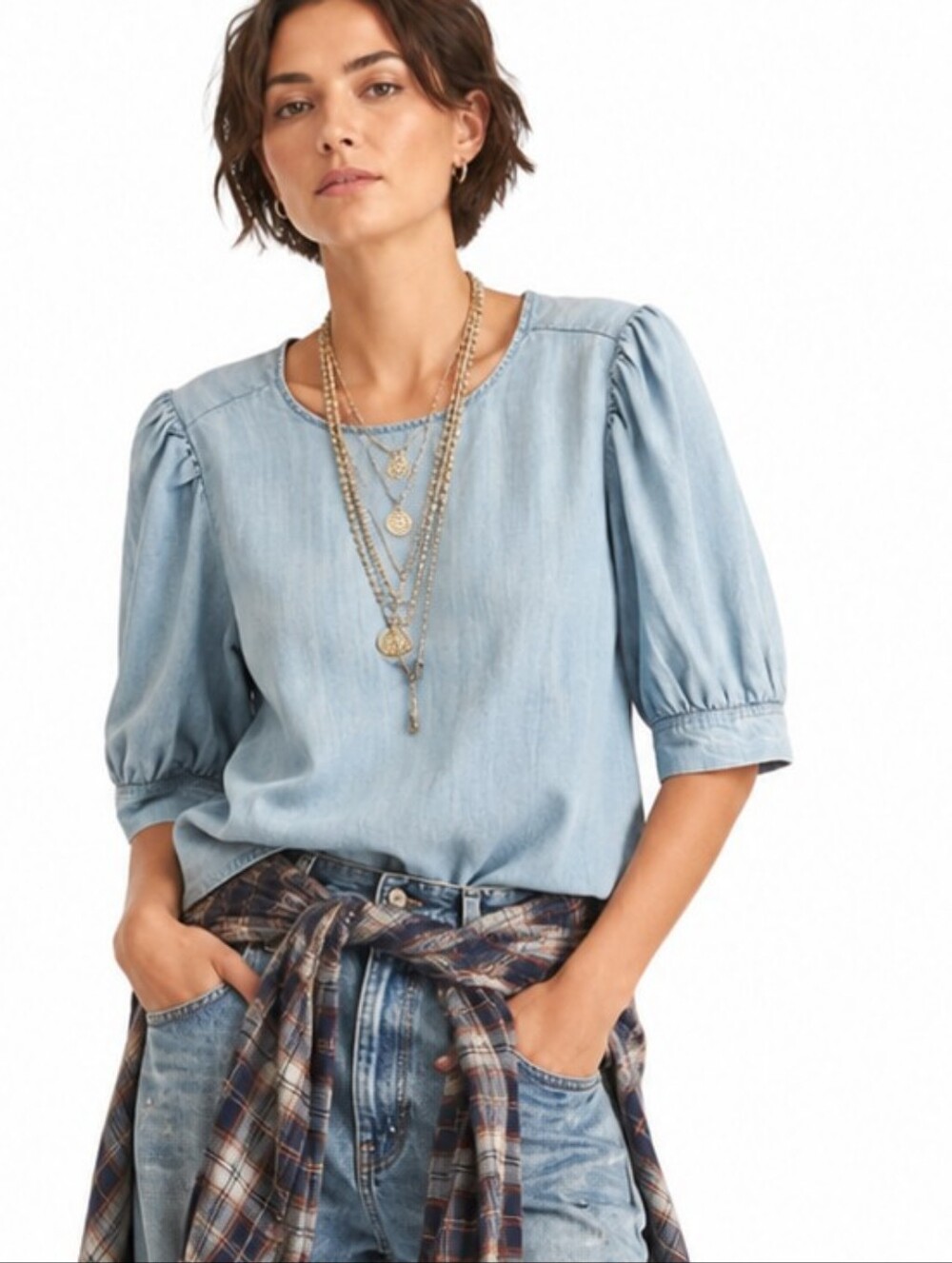 BB Dakota Chambray Blue Puff Sleeve Blouse